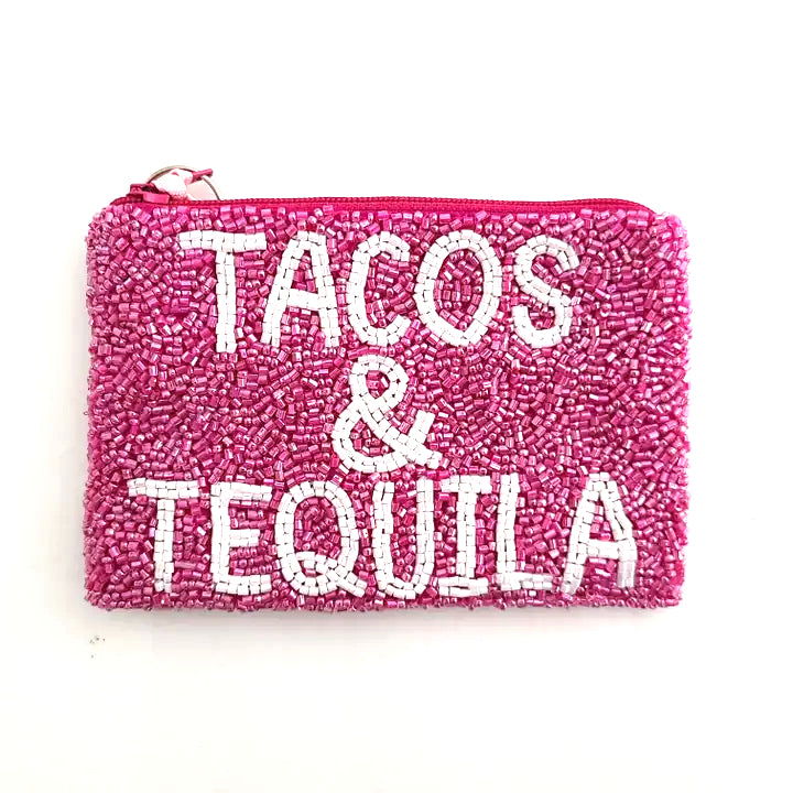 Tacos & Tequila Hand Beaded Coin Purse with Keychain Ring image 0