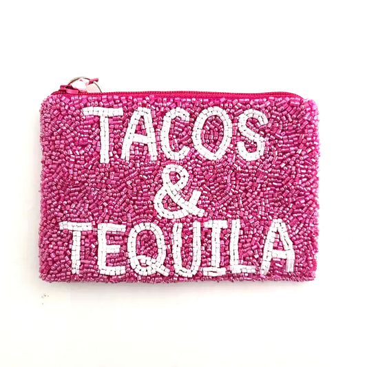 Tacos & Tequila Hand Beaded Coin Purse with Keychain Ring image 0