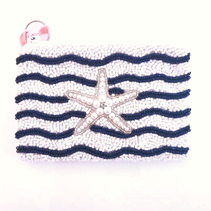 Starfish  Hand Beaded Coin Purse with Keychain Ring image 0